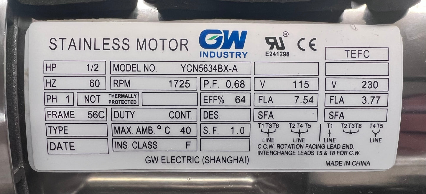 SMC YCN5634BX 0.5 HP Stainless Steel Boat Lift Motor, 1725RPM, 1.0 Service Factor, 56C Frame, without base, TEFC, 115/230V, SST Boat Hoist Motor