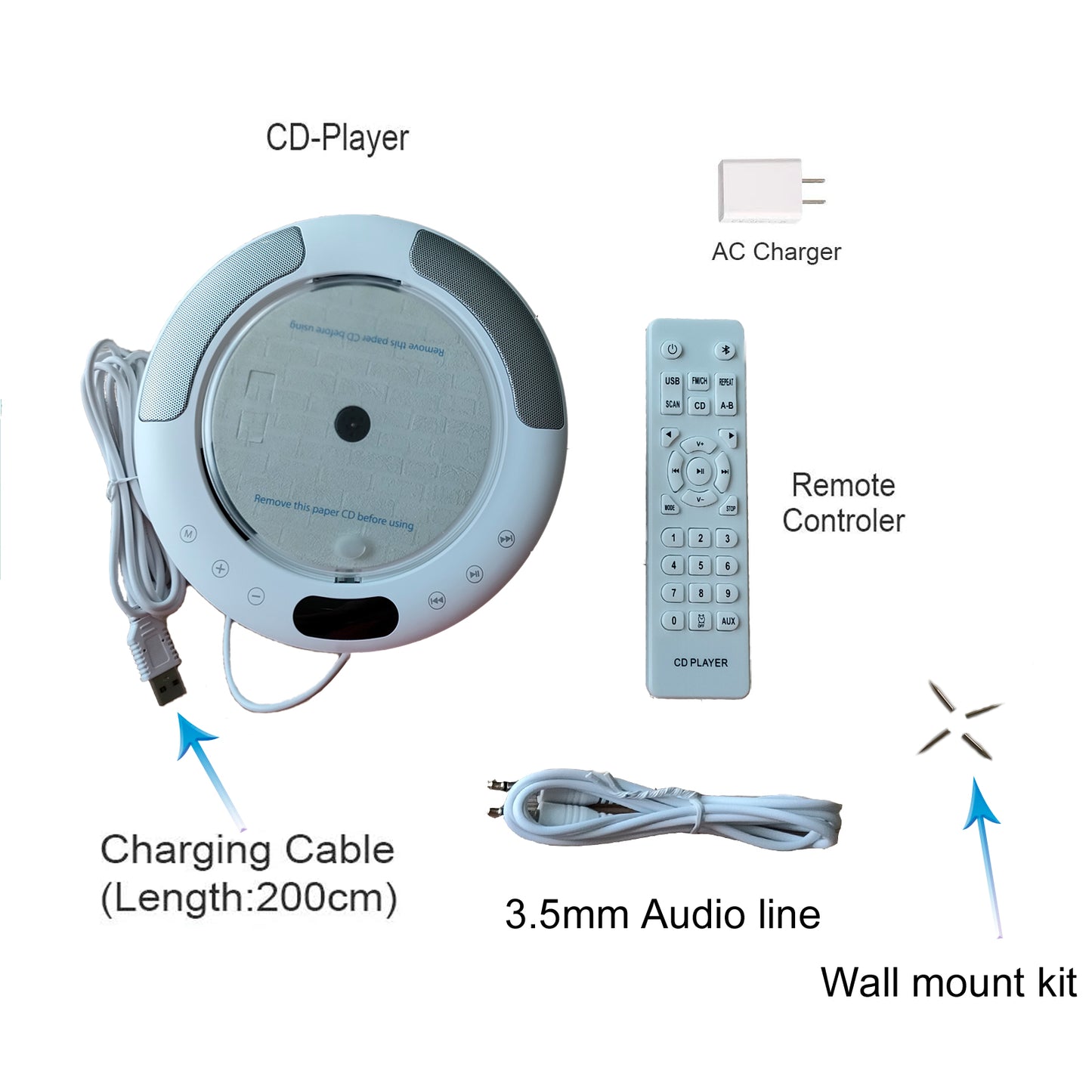 Portable CD Player with Bluetooth, FM Radio, Wall Mounted and Desk Stand Boombox