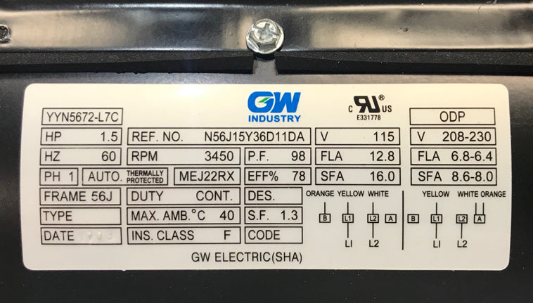 GW YYN5672-L7C 1.5 HP 3450RPM 1.3 Service Factor 56J Frame Pool Pump Motor