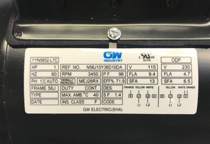 GW YYN5652-L7C 1 HP 3450RPM 1.4 Service Factor 56J Frame Pool Pump Motor