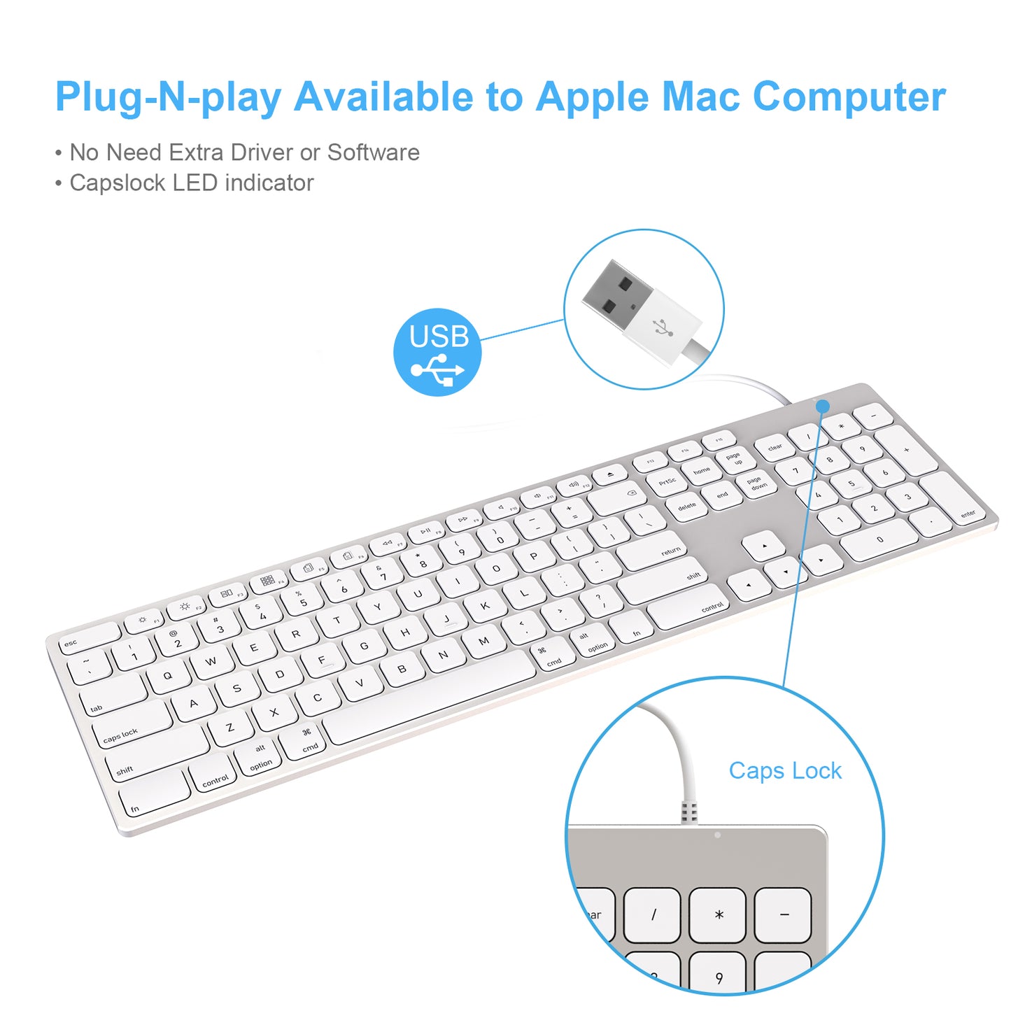 Aluminum USB Wired Keyboard with Numeric Keypad for Apple Mac iMac Macbook