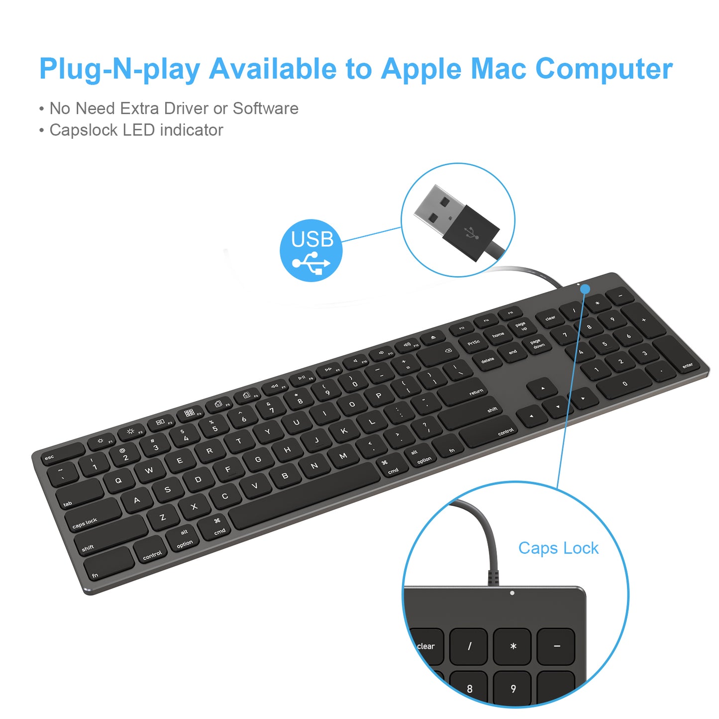 Aluminum USB Wired Keyboard with Numeric Keypad for Apple Mac iMac Macbook