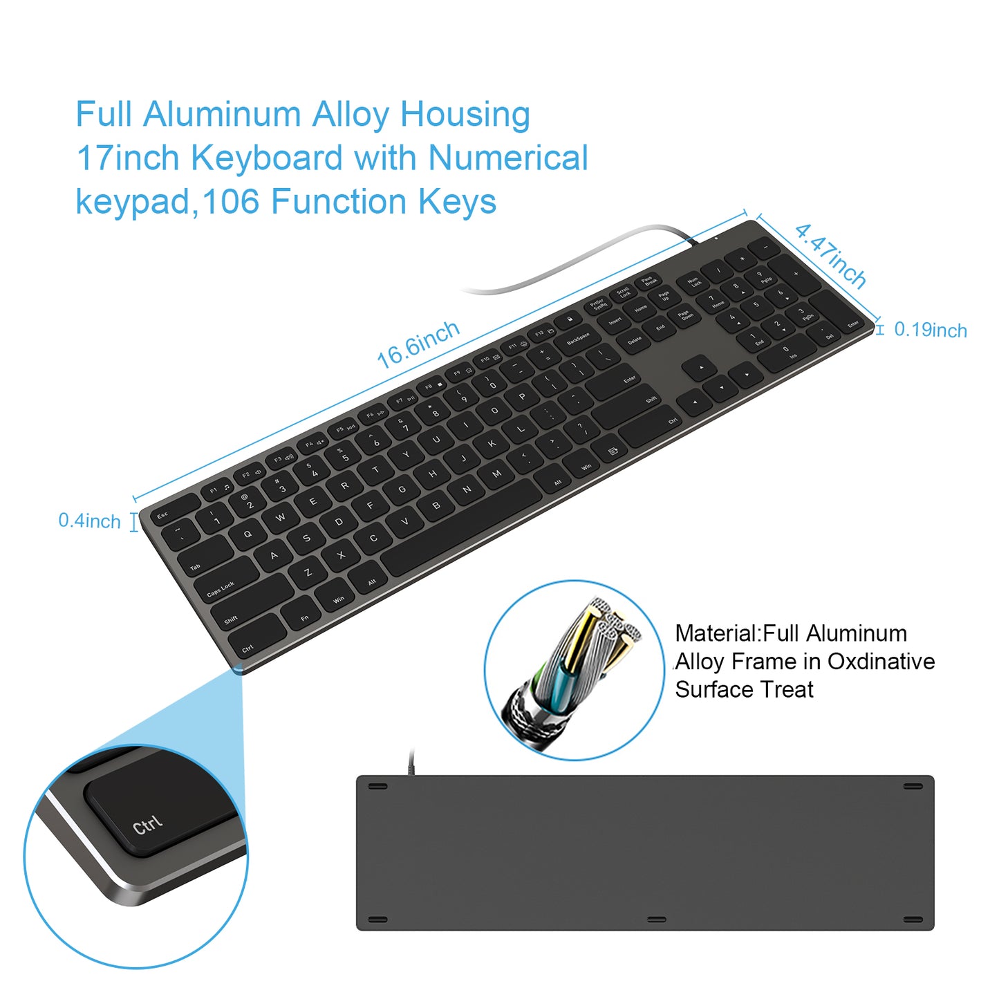 Aluminum USB Wired Keyboard with Numeric Keypad for PC Windows 10/8/7/Vista/XP