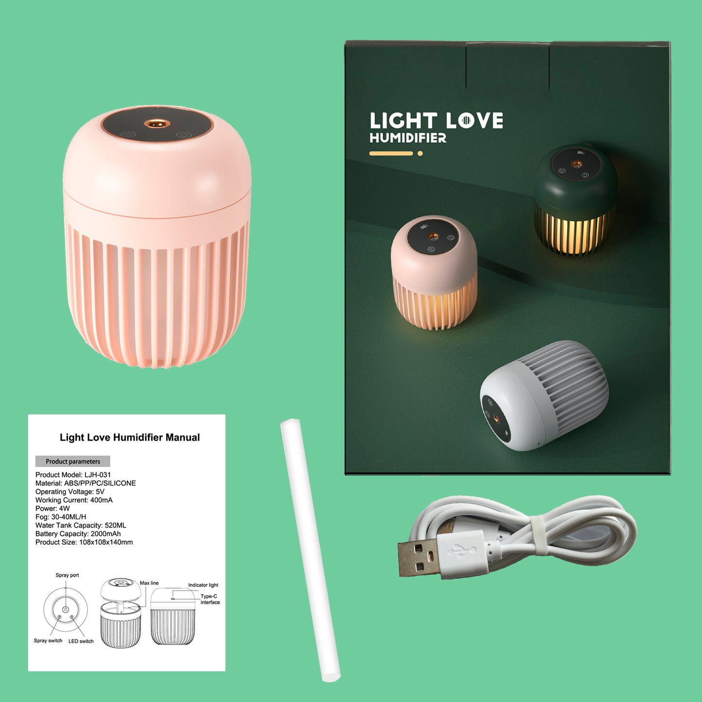 Portable Mini Humidifier, 600ml Small Cool Mist Humidifier, USB C Rechargeable Humidifier and Night Light for Baby Bedroom Travel Office Home Car, Super Quiet