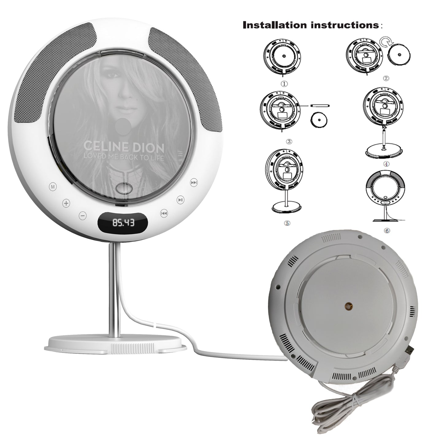 Portable CD Player with Bluetooth, FM Radio, Wall Mounted and Desk Stand Boombox
