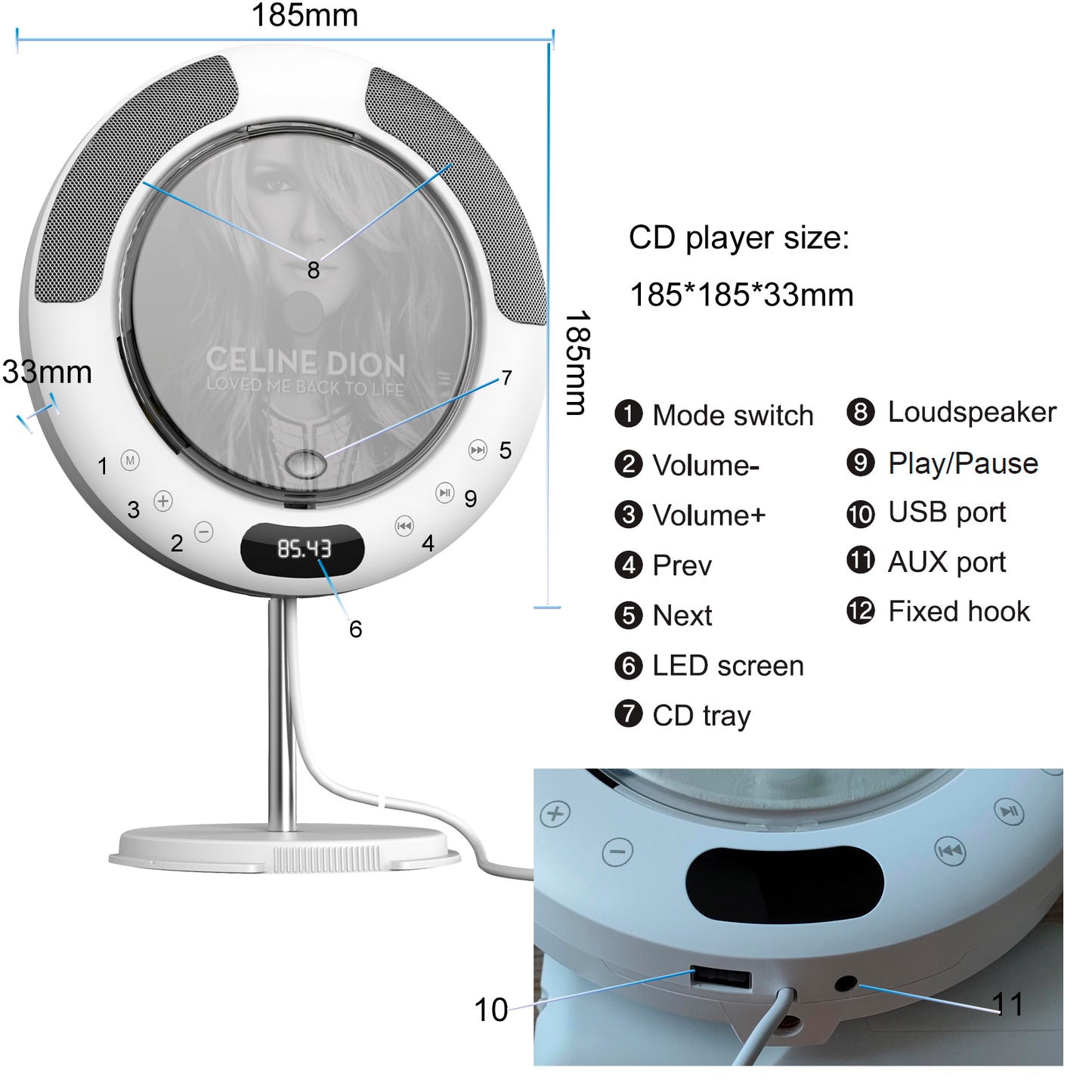 Portable CD Player with Bluetooth, FM Radio, Wall Mounted and Desk Stand Boombox